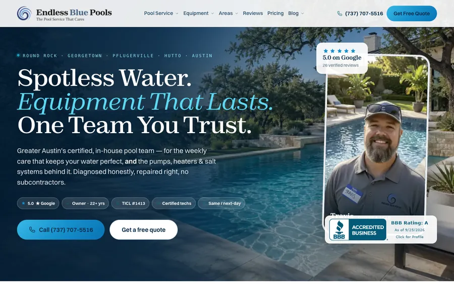 Homepage of Endless Blue Pools, captured 2026-09-25