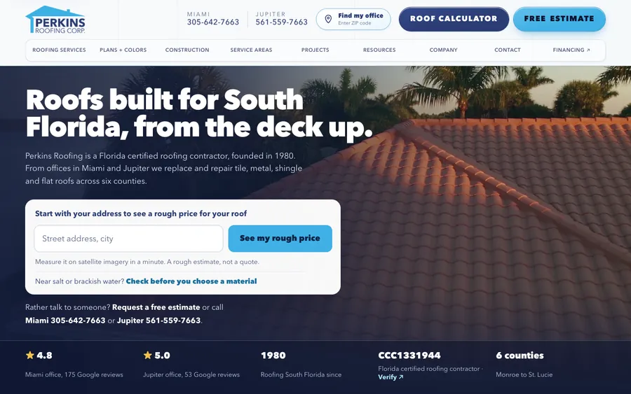 Homepage of Perkins Roofing, captured 2026-09-25