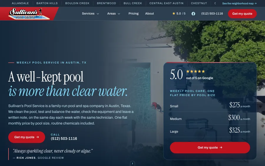 Homepage of Sullivan's Pool Service, captured 2026-09-25