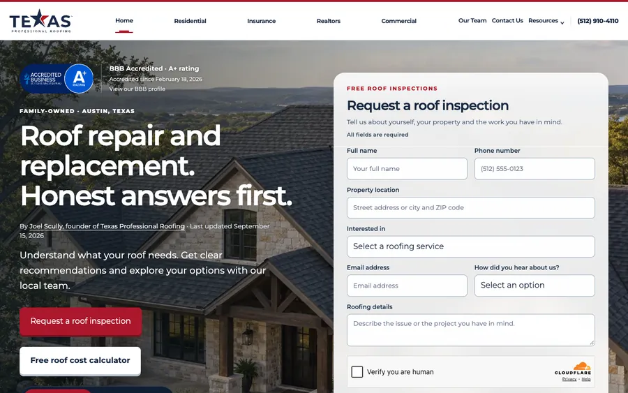 Homepage of Texas Professional Roofing, captured 2026-09-25
